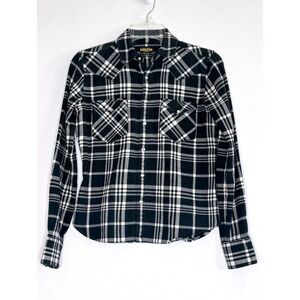 RUGBY RALPH LAUREN Womens Flannel Shirt Sz 4 Black Cream Plaid Rhinestone Snaps